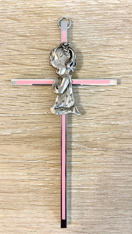 Wall Cross Praying Girl Pink Pewter 11 inch (WC-708G)
