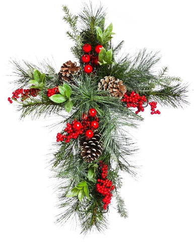 4FL043 Holly & Pinecone Floral Wall Cross Decor 20" 漿果松果十字架 *** 另加運費 ***