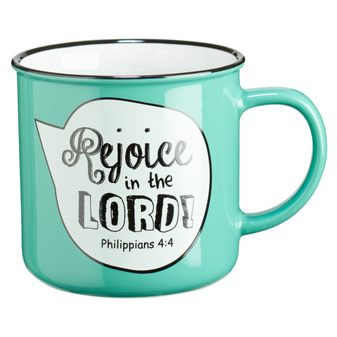 MUG430  Rejoice in the Lord Scripture Bubble in Turquoise Ceramic Philippians 4:4 Coffee Mug